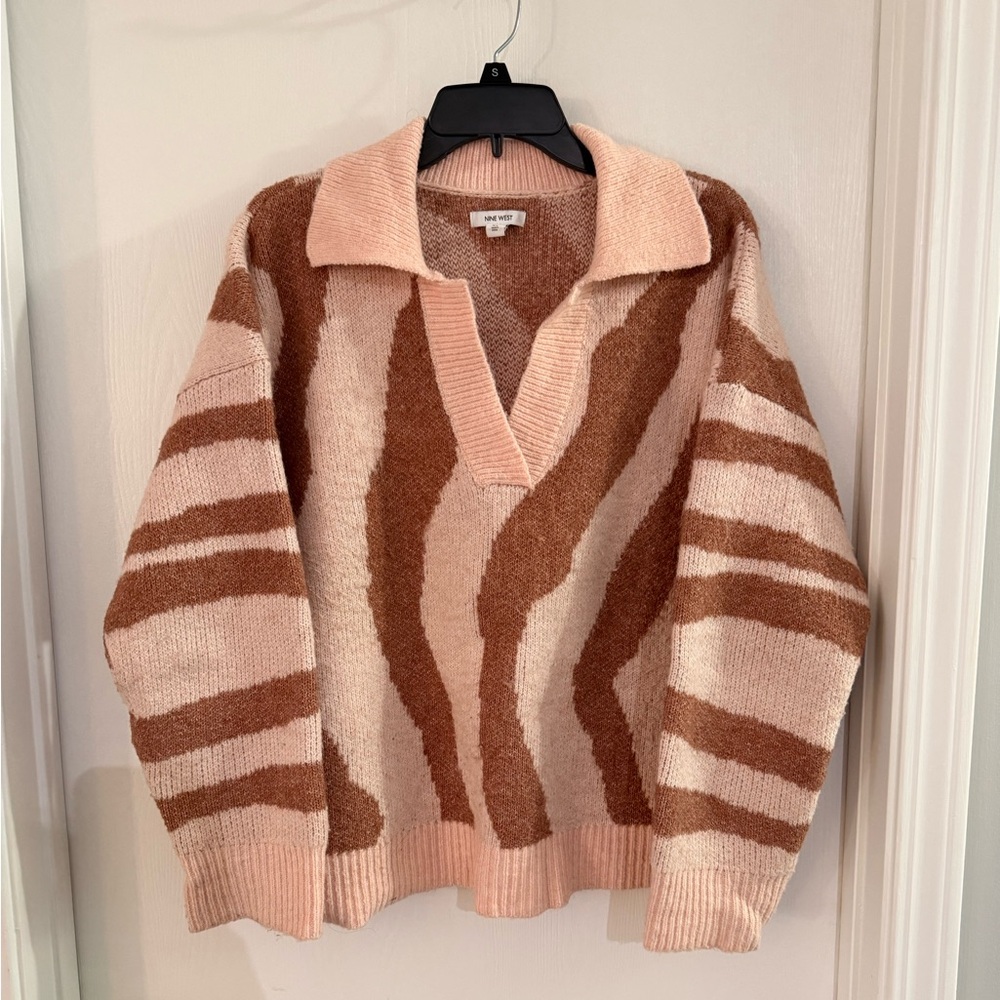 Nine West XL Pink and Brown Zebra Print Collared Pullover Sweater
